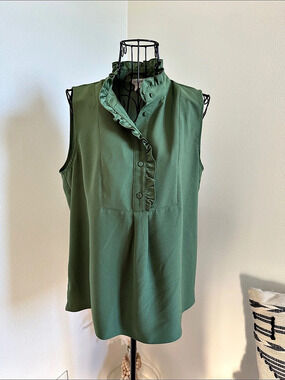 J.Crew Ruffle Neck Sleeveless Blouse Green Size 6